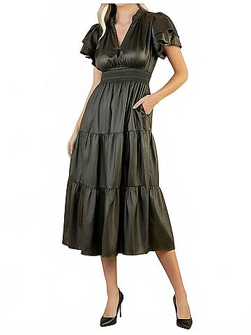 THML Flutter Sleeve Leather Midi Dress in Green (view 2)