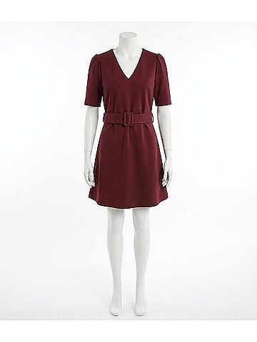 Molly Bracken Short Belted Woven Dress in Dark Red (view 1)