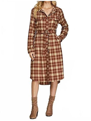 She + Sky Long Sleeve Midi Shirt Dress in Chestnut Plaid (view 2)