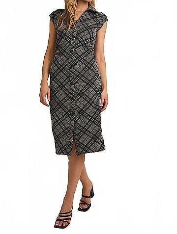 Gilli Collared Sleeveless Button Down Plaid Midi Dress in Grey-Black Plaid (view 2)
