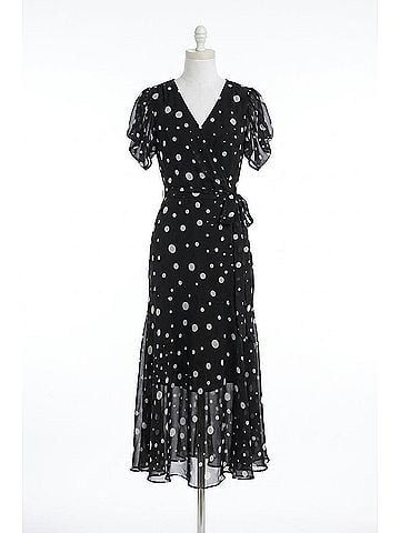 Joseph Ribkoff Chiffon Dot Print Wrap Dress in Black/Vanilla (view 1)
