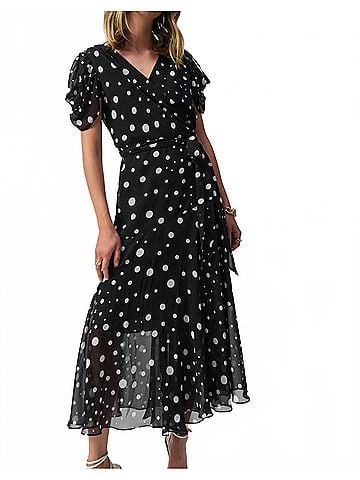 Joseph Ribkoff Chiffon Dot Print Wrap Dress in Black/Vanilla (view 2)