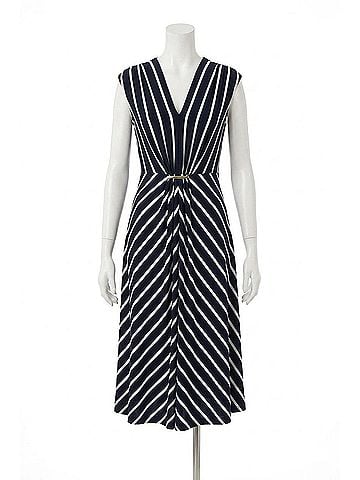Joseph Ribkoff Silky Knit Stripe Fit And Flare Dress in Midnight Blue/Vanilla (view 1)