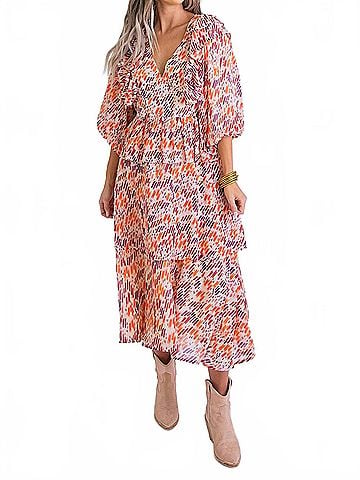 Karlie Abstract Ruffle Midi Dress in Orange (view 2)