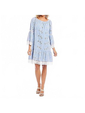 Karen Kane Ellie Embroidered Mixed Lace Dress in Chambray (view 2)