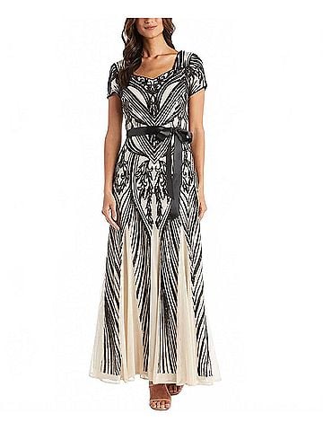 R&M Richards Sequined Belted Maxi Dress in Champagne Black (view 2)