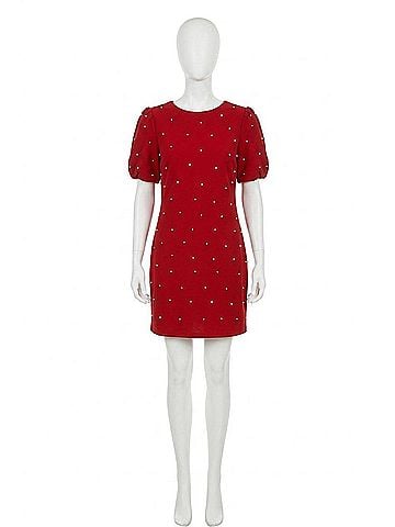 She + Sky Scattered Rhinestone Trim Short Dress in Red (view 1)
