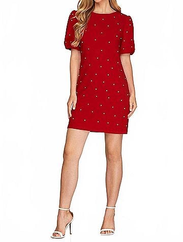 She + Sky Scattered Rhinestone Trim Short Dress in Red (view 2)