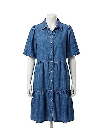 Karen Kane Pattia Puff Sleeve Tiered Shirtdress in Chambray (view 1)
