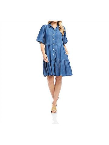 Karen Kane Pattia Puff Sleeve Tiered Shirtdress in Chambray (view 2)