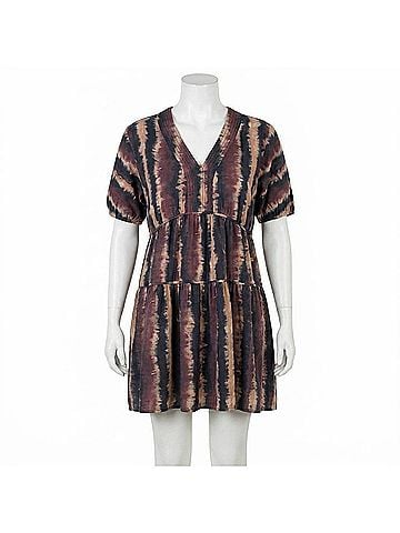THML Pleated Trim Puff Sleeve Tie Dye Dress in Wine (view 1)