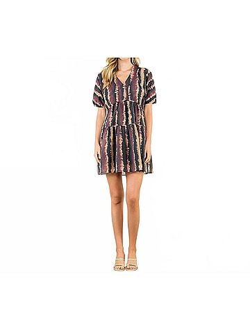 THML Pleated Trim Puff Sleeve Tie Dye Dress in Wine (view 2)