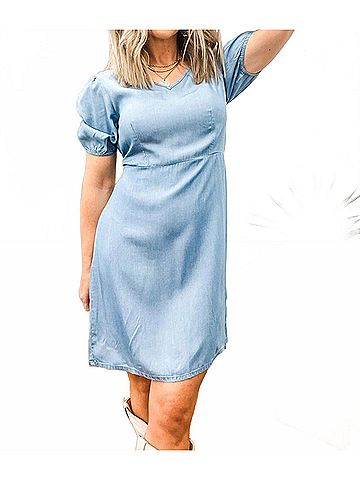 Molly Bracken V-Neck Tencel Tie Back Mini Dress in Blue (view 2)