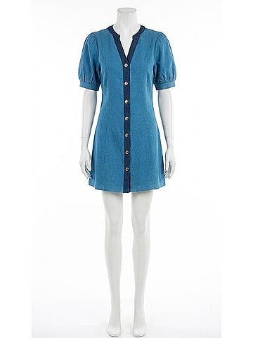 THML Women's Short Sleeve Button Up Dress in Denim Blue (view 1)