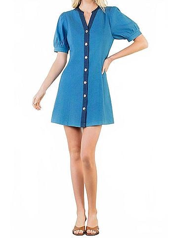 THML Women's Short Sleeve Button Up Dress in Denim Blue (view 2)