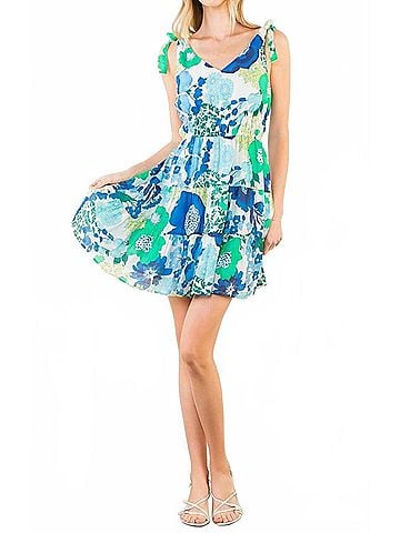 THML Floral Print With Shoulder Tie Straps Dress in Multi (view 2)
