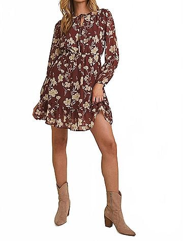 Gilli Long Sleeve Ruffle Mini Dress in Rust - Cream Floral (view 2)