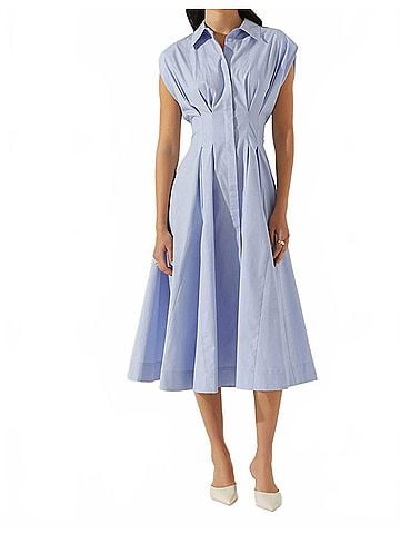 Astr Beckett Tapered Waist Pleated Midi Dress in Blue (view 2)