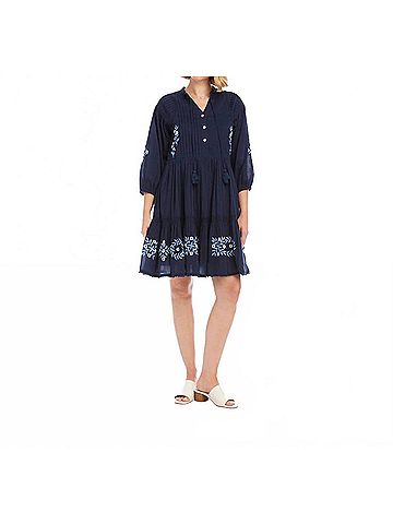 Karen Kane Blouson Sleeve Embroidered Lace Trim Tiered Dress in Navy (view 2)