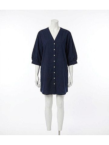 Karen Kane Lantern Sleeve Pearl Button-Front Mini Dress in Navy (view 1)