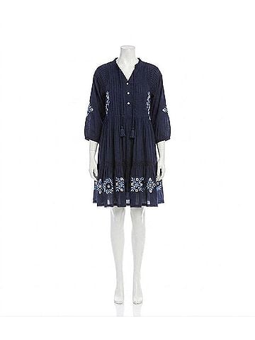Karen Kane Blouson Sleeve Embroidered Lace Trim Tiered Dress in Navy (view 1)