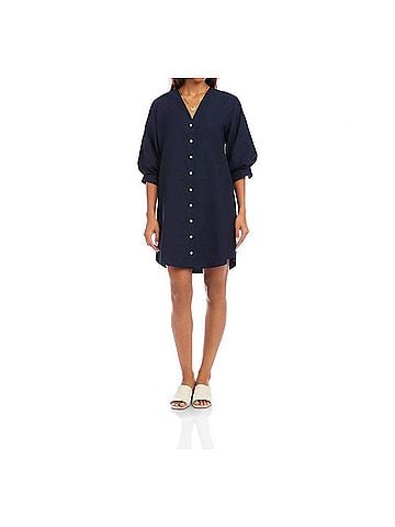 Karen Kane Lantern Sleeve Pearl Button-Front Mini Dress in Navy (view 2)