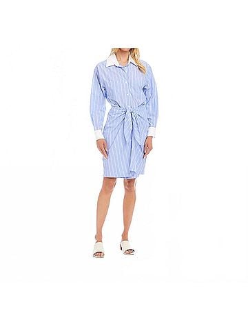 Karen Kane Stripe Faux Wrap Shirtdress in Blue With White (view 2)