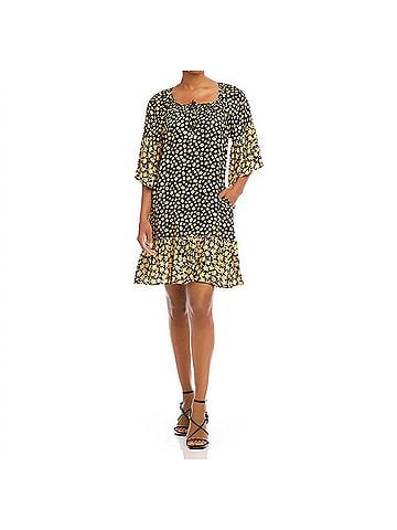 Karen Kane Felixa Contrast Ruffle Hem Dress in Floral Print Black And Golden Yellow (view 2)