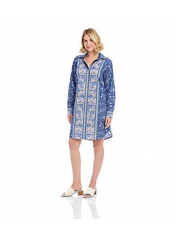 Karen Kane Long Sleeve Border Print Shirtdress in Blue (view 2)