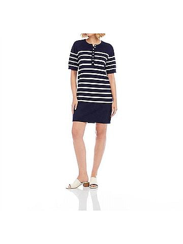 Karen Kane Short Sleeve Henley Sweater Dress in Navy With Off White (view 2)