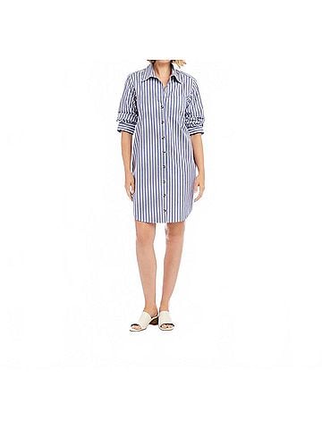 Karen Kane Stripe Ruched Sleeve Shirtdress in Blue With Off White (view 2)