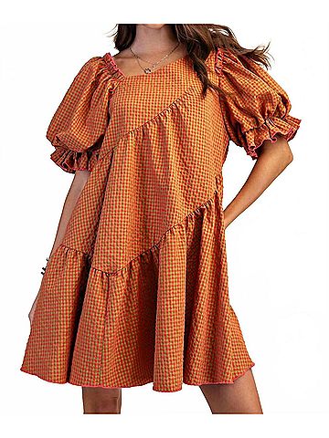 Easel Gingham Seersucker Dress in Watermelon (view 2)