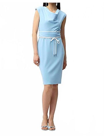 Joseph Ribkoff Cowl Neck Belted Waist Sheath Dress in Sky Blue/Vanilla (view 2)