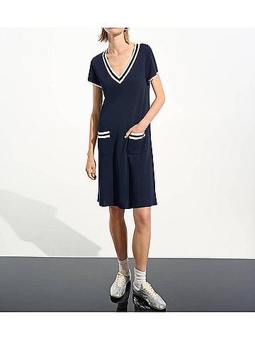 Joseph Ribkoff Casual V-Neck Shift Dress in Indigo/Vanilla (view 2)