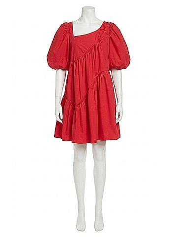 English Factory Asymmetric Poplin Sadie Dress in Raspberry (view 1)
