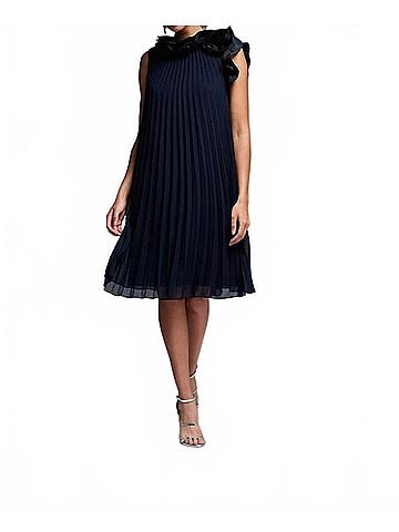 Joseph Ribkoff Chiffon Pleated A-Line Cocktail Dress in Midnight Blue (view 2)