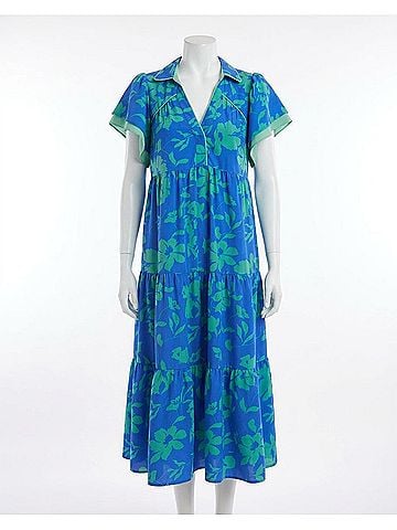 Umgee Two Tone Floral Print Tiered Dress in Azure (view 1)