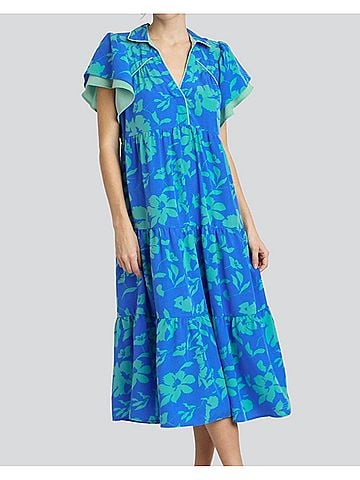 Umgee Two Tone Floral Print Tiered Dress in Azure (view 2)