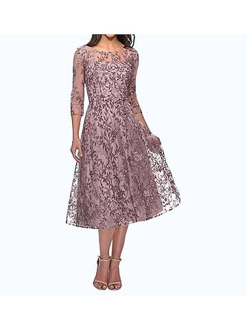 La Femme Embroidered Floral Midi Dress in Dusty Lilac (view 2)