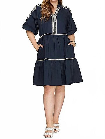 She + Sky Bissete Embroidered Tiered Midi Dress - Plus in Navy Ivory (view 2)