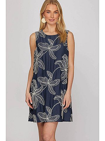 She + Sky Sleeveless Embroidered Shift Dress in Navy (view 2)