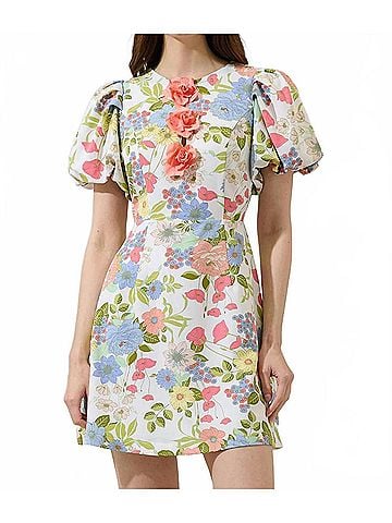 Sugarlips Rosette Bubble Sleeve Mini Dress in Cream Multi (view 2)