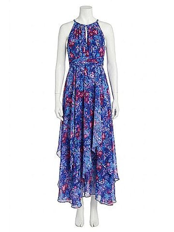 R&M Richards Long Floral Print Chiffon Daytime Dress in Royal (view 1)