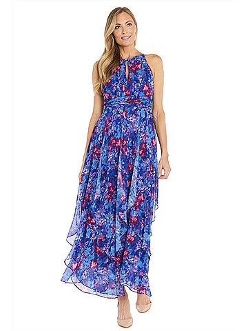 R&M Richards Long Floral Print Chiffon Daytime Dress in Royal (view 2)