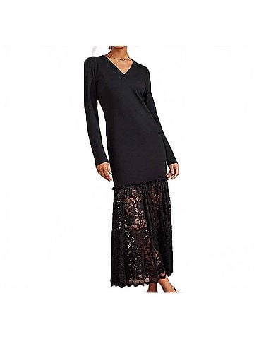 Karen Kane Lylah Contrast Lace V-Neck Dress in Black (view 2)