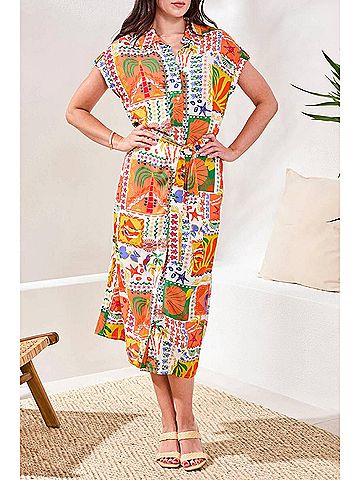 Tribal Crosshatch Button-Front Belted Midi Dress in Guava Blush (view 2)