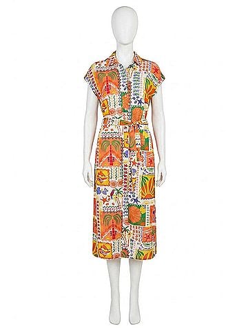 Tribal Crosshatch Button-Front Belted Midi Dress in Guava Blush (view 1)