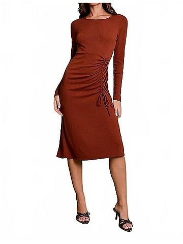 Gilli Round Neck Cinched Midi Dress in Brown (view 2)