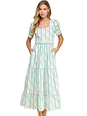 TCEC Sarah Beth Maxi Dress in Aqua Striped With Pink Carnation Print (view 2)