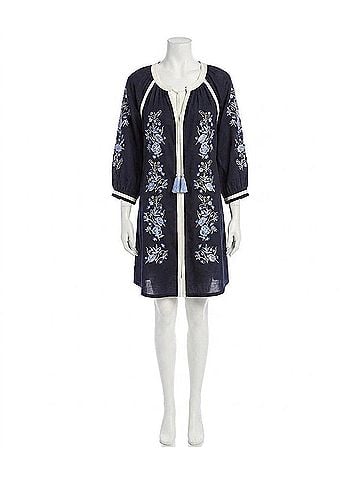 Karen Kane Basilia Blouson Sleeve Embroidered Mini Peasant Dress in Navy (view 1)